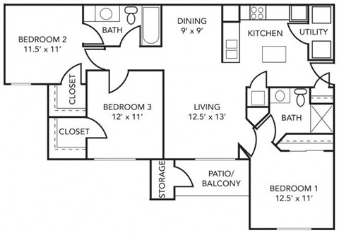 Floor plan for 3 beds, 2 baths, 1262 sqft
