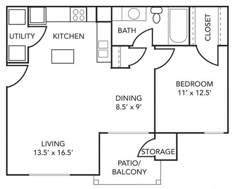 Floor plan for 1 bed, 1 bath, 830 sqft