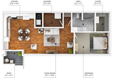 Floor plan for 1 bed, 1 bath, 791 sqft