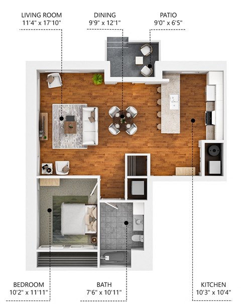 Floor plan for 1 bed, 1 bath, 797 sqft