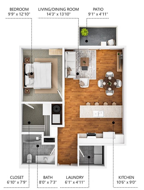 Floor plan for 1 bed, 1 bath, 804 sqft