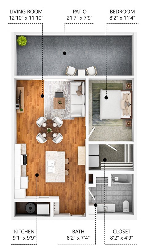 Floor plan for 1 bed, 1 bath, 811 sqft