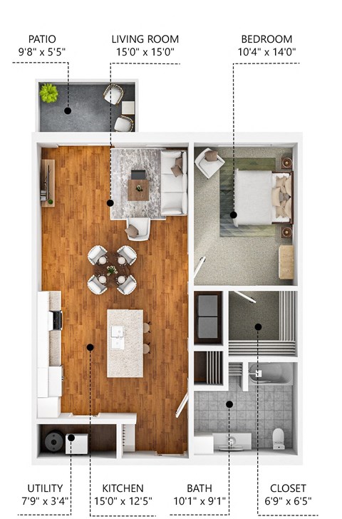 Floor plan for 1 bed, 1 bath, 856 sqft