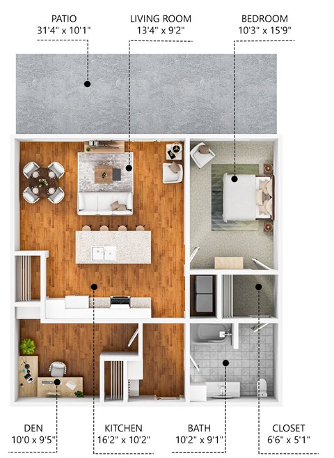 Floor plan for 1 bed, 1 bath, 936 sqft