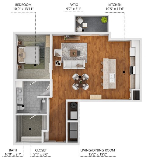 Floor plan for 1 bed, 1 bath, 943 sqft