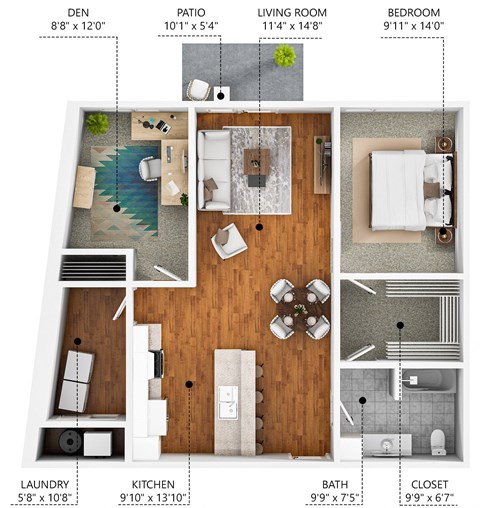 Floor plan for 1 bed, 1 bath, 969 sqft