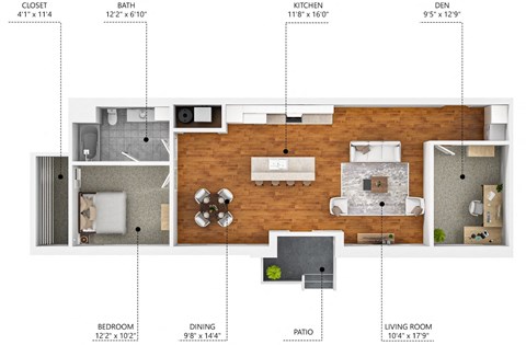 Floor plan for 1 bed, 1 bath, 982 sqft