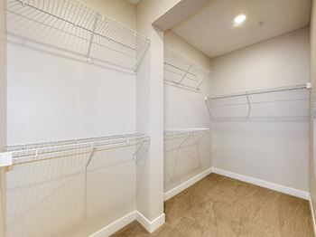 A walk-in closet with white shelving and a tan carpet.