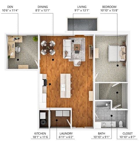 Floor plan for 1 bed, 1 bath, 1012 sqft