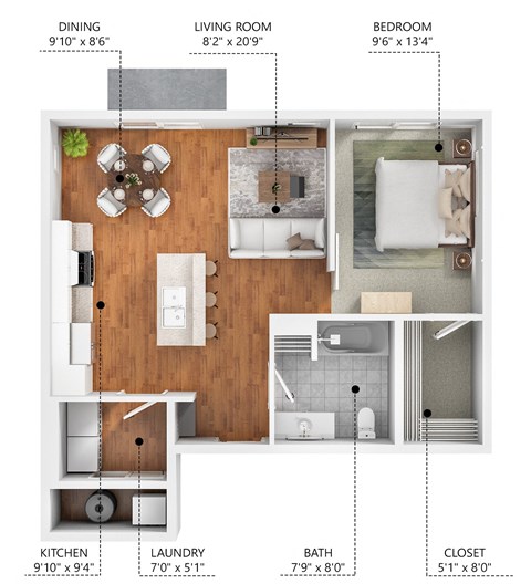 Floor plan for 1 bed, 1 bath, 664 sqft
