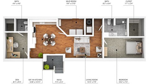 Floor plan for 1 bed, 1 bath, 1026 sqft