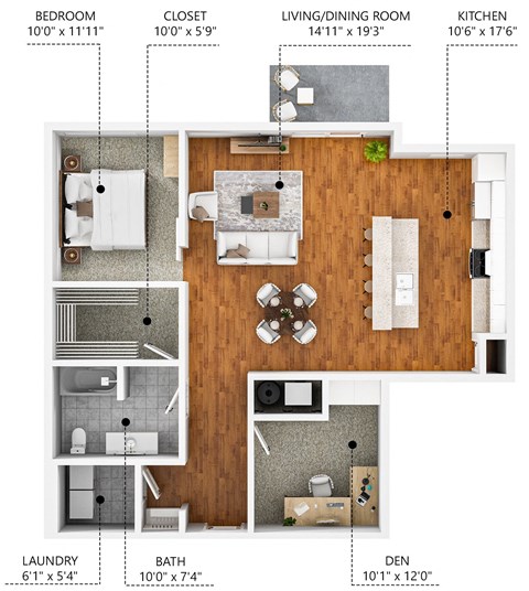 Floor plan for 1 bed, 1 bath, 1050 sqft