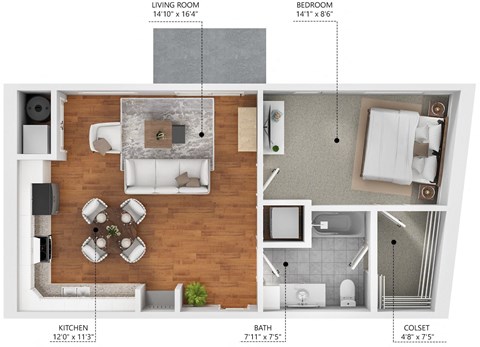 Floor plan for 1 bed, 1 bath, 711 sqft