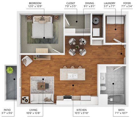 Floor plan for 1 bed, 1 bath, 718 sqft