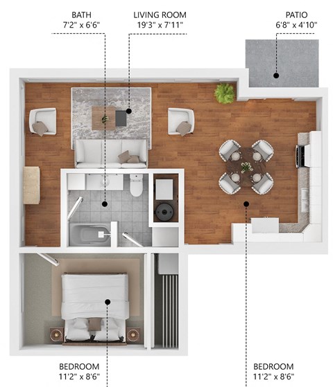 Floor plan for 1 bed, 1 bath, 763 sqft