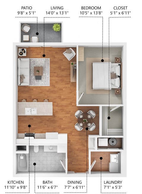 Floor plan for 1 bed, 1 bath, 778 sqft