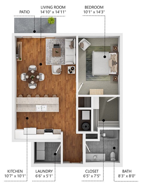 Floor plan for 1 bed, 1 bath, 779 sqft