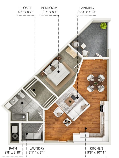 Floor plan for 1 bed, 1 bath, 780 sqft
