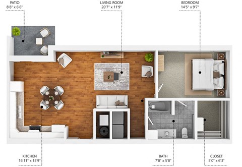 Floor plan for 1 bed, 1 bath, 790 sqft