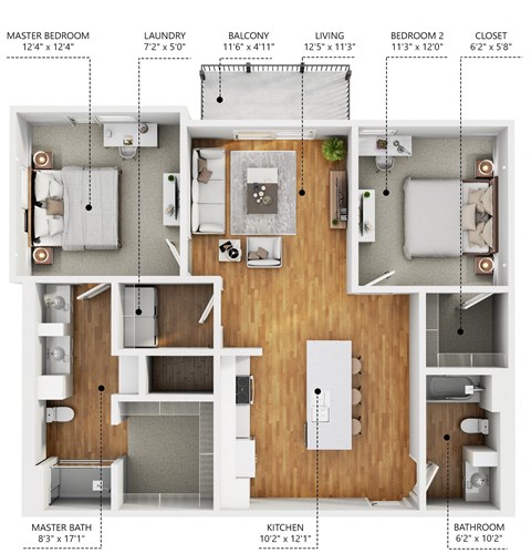 Floor plan for 2 beds, 2 baths, 1018 sqft