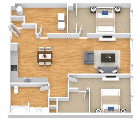 Floor plan for 2 beds, 1 bath, 989 sqft
