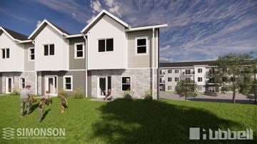 Norwalk townhouse for rent - A Simonson company logo is on a rendering of a residential building.