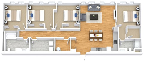 Floor plan for 4 beds, 2 baths, 1401 sqft