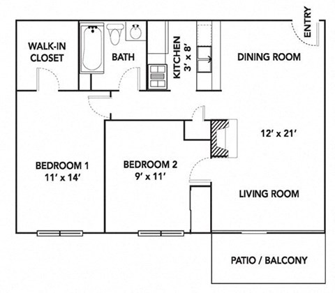 Floor plan for 2 beds, 1 bath, 804 sqft