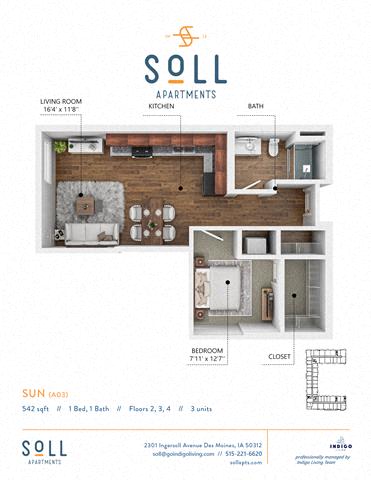 Floor plan for 1 bed, 1 bath, 542 sqft