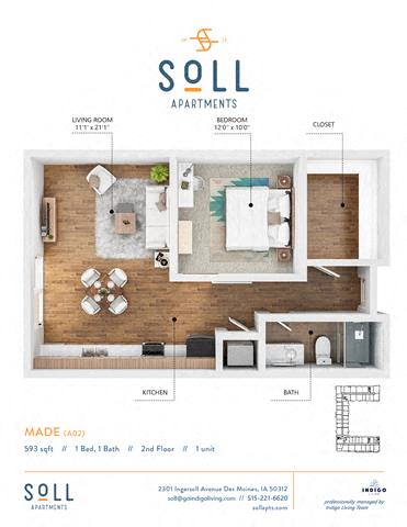 Floor plan for 1 bed, 1 bath, 593 sqft