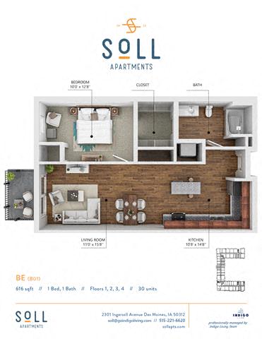 Floor plan for 1 bed, 1 bath, 616 sqft