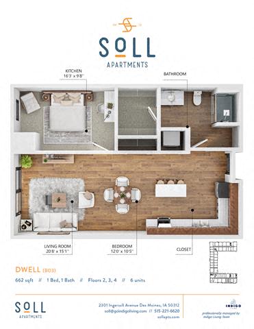 Floor plan for 1 bed, 1 bath, 662 sqft