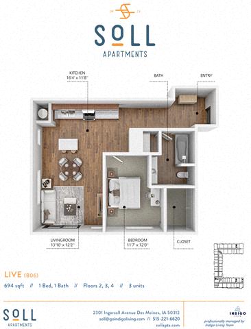 Floor plan for 1 bed, 1 bath, 694 sqft