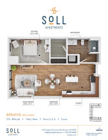 Floor plan for 1 bed, 1 bath, 806 sqft