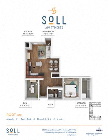 Floor plan for 1 bed, 1 bath, 616 sqft