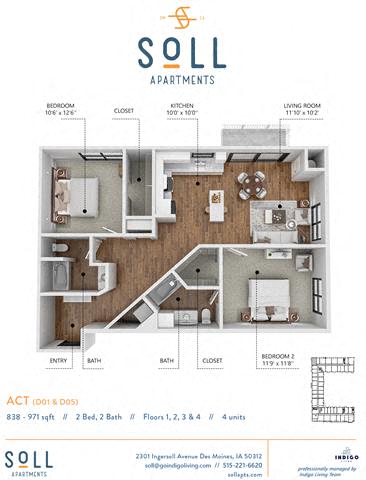Floor plan for 2 beds, 2 baths, 971 sqft