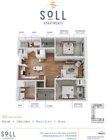 Floor plan for 2 beds, 2 baths, 954 sqft