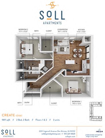Floor plan for 2 beds, 2 baths, 989 sqft
