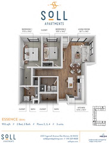 Floor plan for 2 beds, 2 baths, 993 sqft