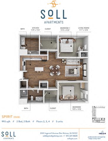Floor plan for 2 beds, 2 baths, 989 sqft