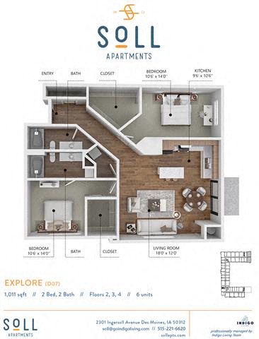Floor plan for 2 beds, 2 baths, 989 sqft