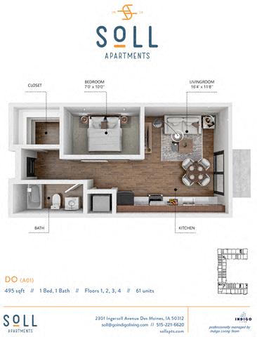 Floor plan for studio, 1 bath, 495 sqft