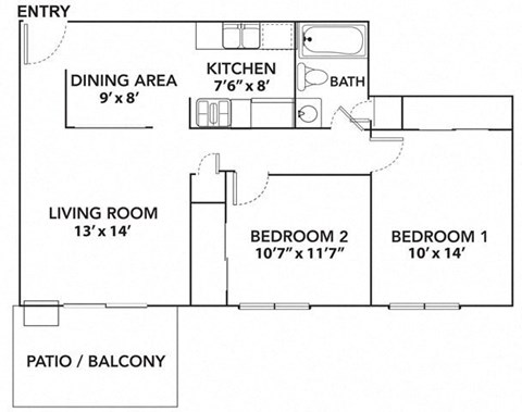Floor plan for 2 beds, 1 bath, 742 sqft