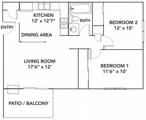 Floor plan for 2 beds, 1 bath, 748 sqft