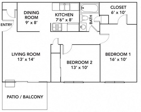 Floor plan for 2 beds, 1 bath, 792 sqft