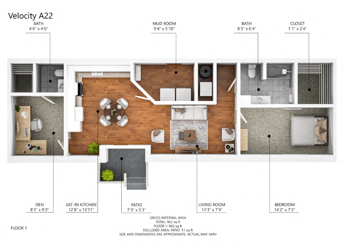 Floor plan for 1 bed, 1 bath, 1044 sqft