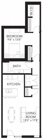 Floor plan for 1 bed, 1 bath, 878 sqft