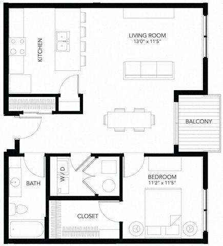 Floor plan for 1 bed, 1 bath, 812 sqft