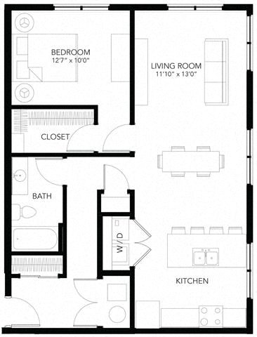Floor plan for 1 bed, 1 bath, 825 sqft