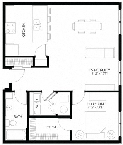 Floor plan for 1 bed, 1 bath, 849 sqft